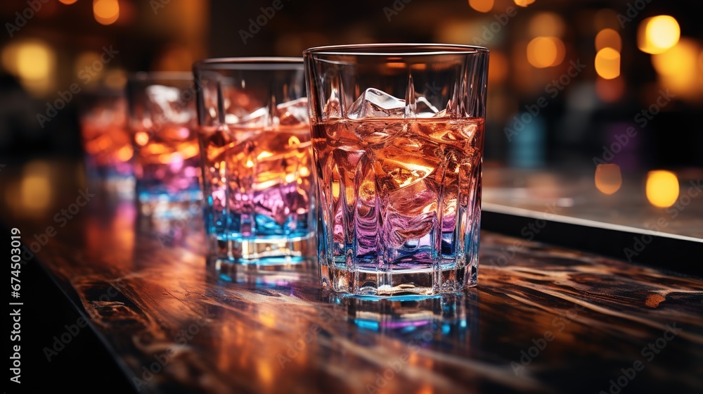 Close-up of group of stylish coloured cocktails with ice and lemon on the bar counter. Generative AI