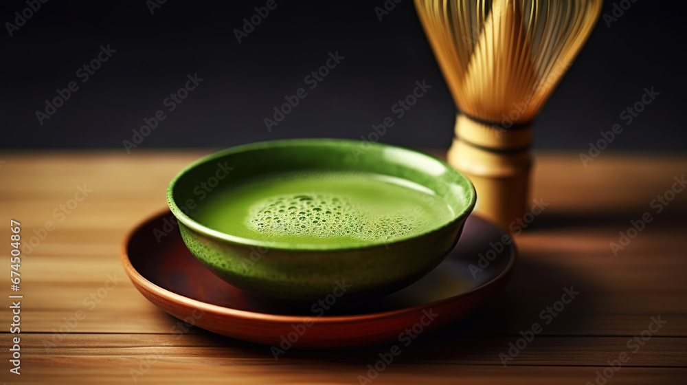 Closeup of matcha tea powder in a wooden plate with whisk on dark background, side view, copy space. Generative AI