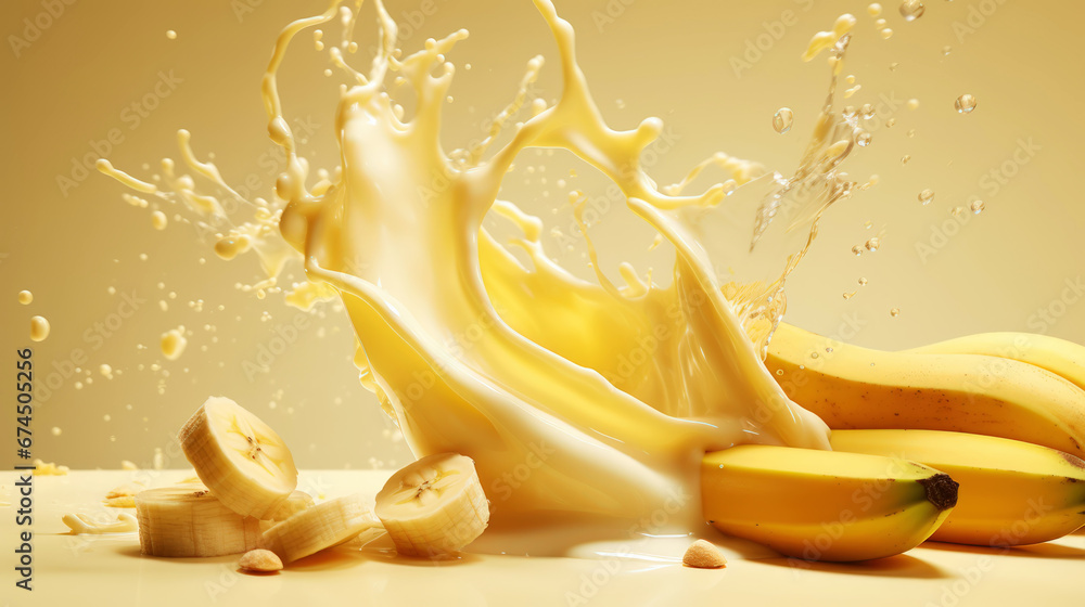 Milk splash with bananas. Sweet dessert cream sweet. Milkshake concept. Generative AI