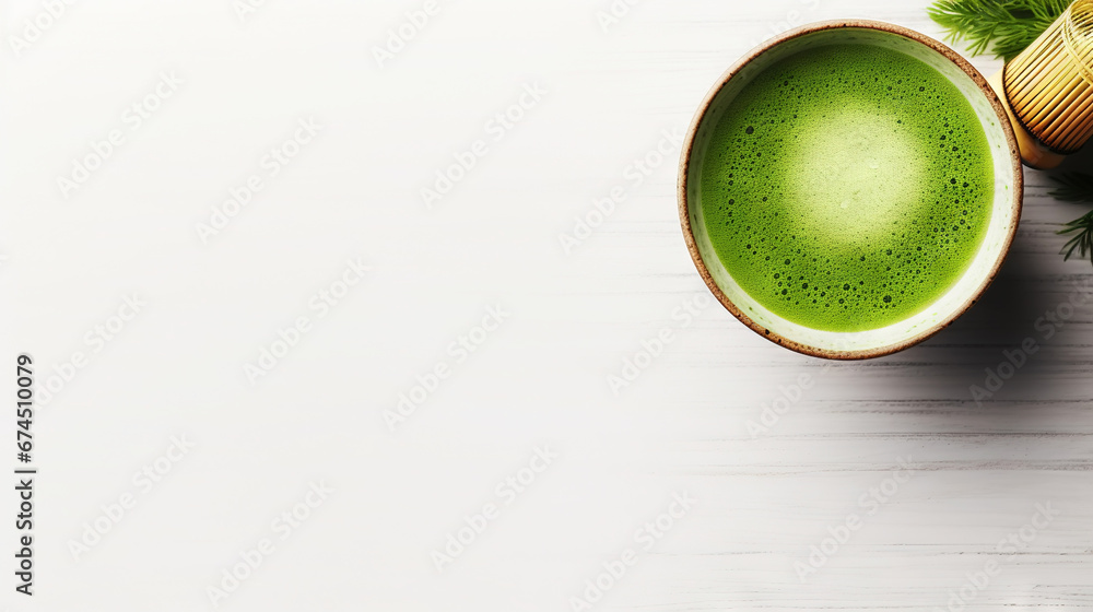 Matcha tea powder in a wooden plate on light wooden background with whisk, top view, copy space. Generative AI