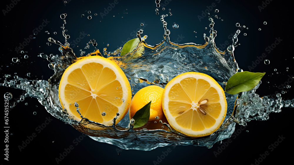 Fresh lemon with water splashes on dark background. Generative AI