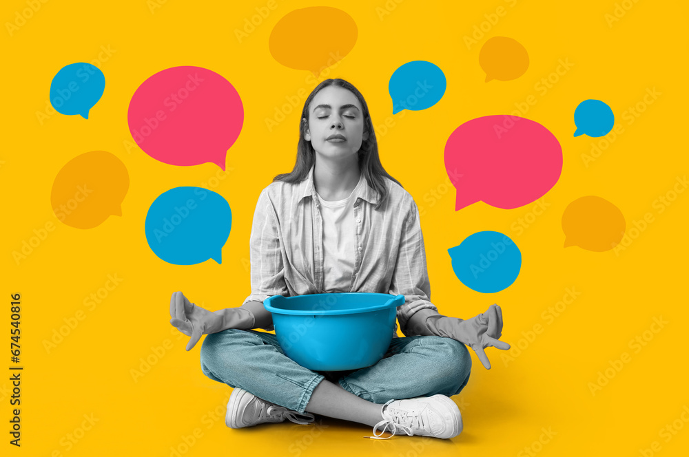 Meditating young woman in rubber gloves and with basin and many blank speech bubbles on yellow background. Zen concept