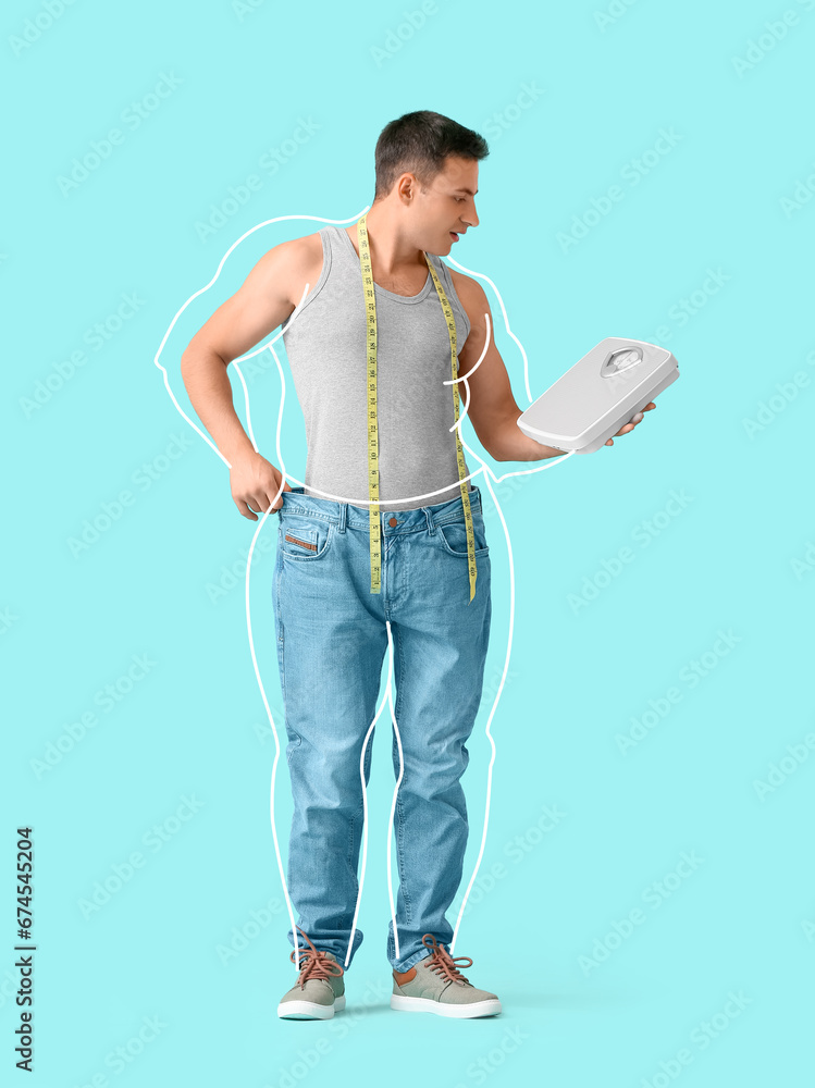 Young man after weight loss with scales and measuring tape on light blue background