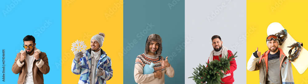 Group of stylish men in winter clothes on color background