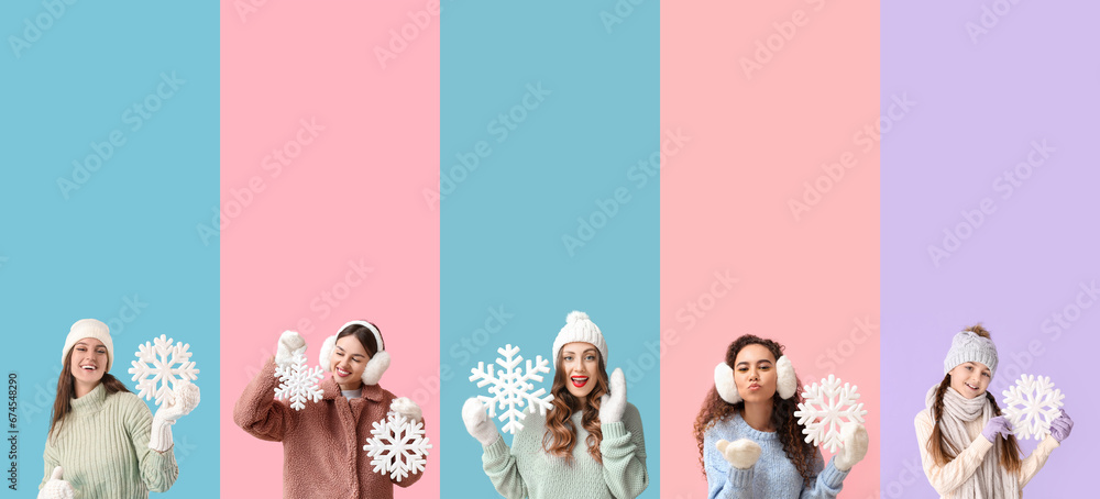 Set of beautiful young women and little girl in winter clothes and with decorative snowflakes on color background