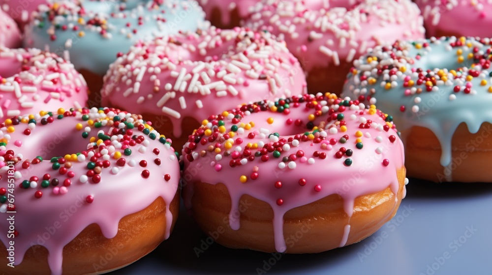 Close-up of variety of glazed delicious festive donuts with colourful sprinkles. Generative AI