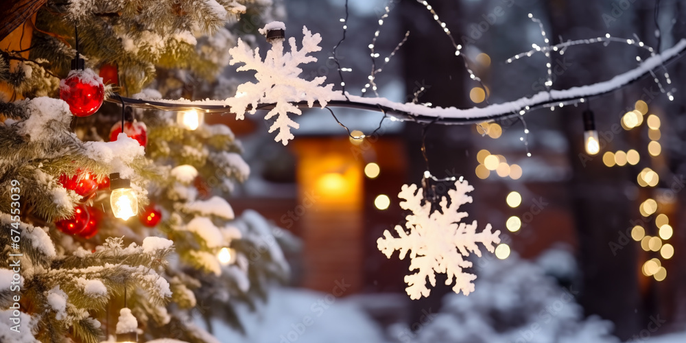 Close-up House decorated with glowing lights for winter holidays. Christmas illumination. Night scene with fresh snow. Christmas and New Year holiday background.	