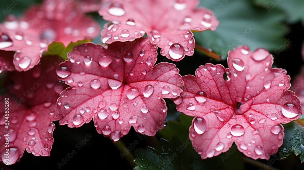 Close-up of fresh red leaves of Heuchera micrantha with water drops. Dark background. Generative AI