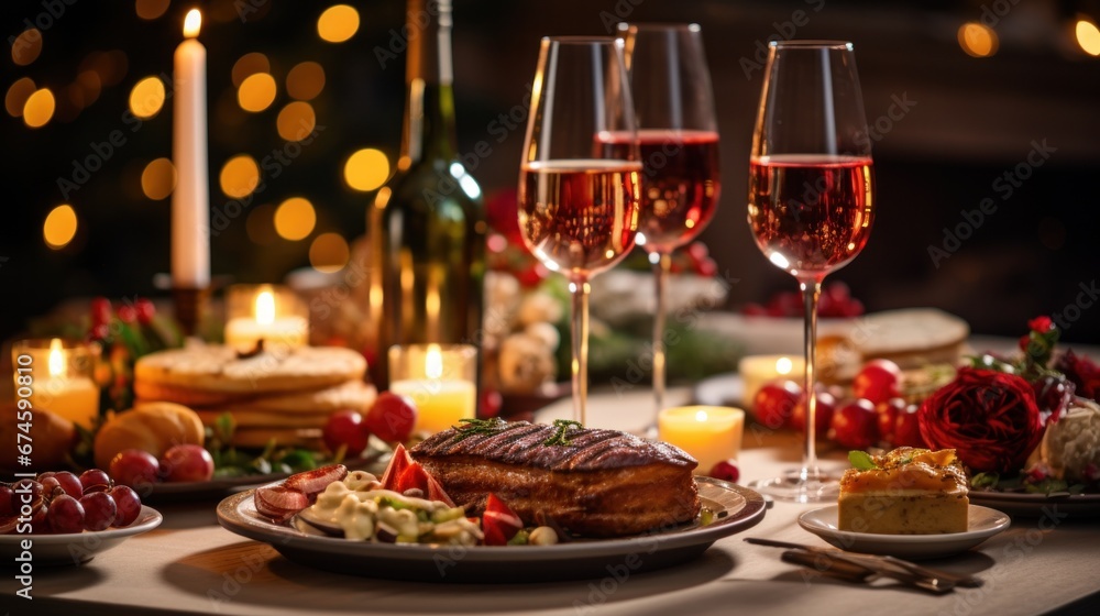 a dinner table with christmas food and wine, in the style of bokeh panorama.