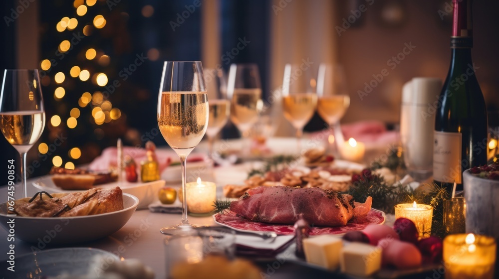 a dinner table with christmas food and wine, in the style of bokeh panorama.