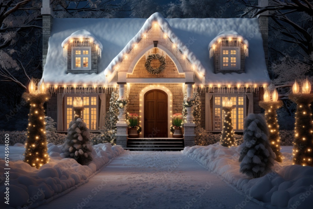 a house in snow with lights.