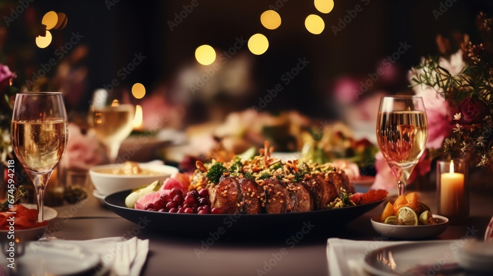 a dinner table with christmas food and wine, in the style of bokeh panorama.