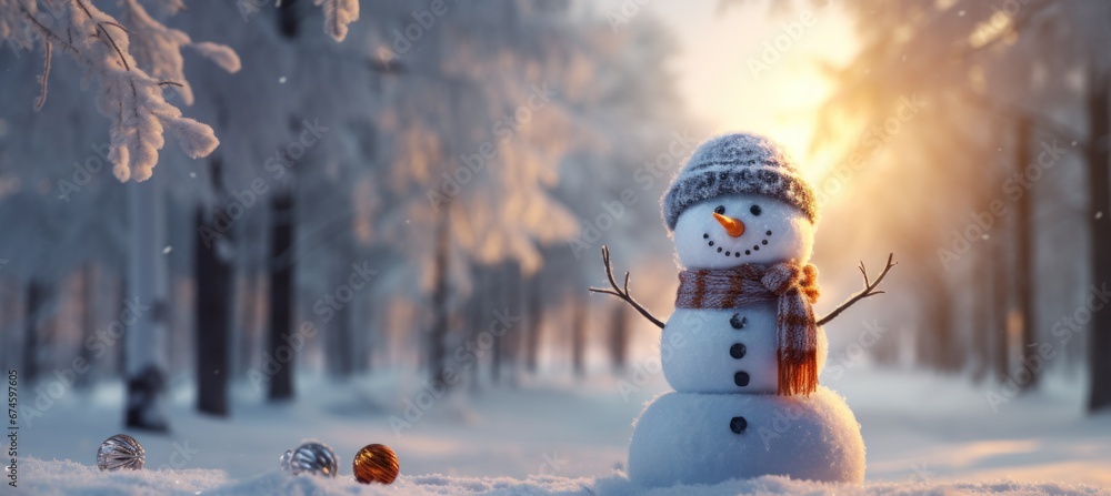 a snowman in winter with sunrise in sunshine.