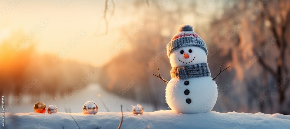 a snowman in winter with sunrise in sunshine.