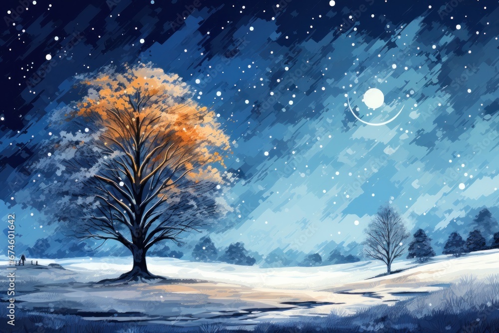 a snowy landscape with a tree near the snow with stars in the sky