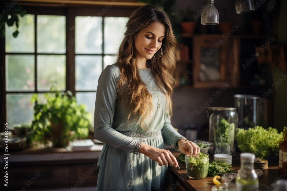 woman with glasses is combining green juice at kitchen counter