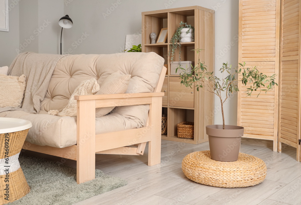 Interior of stylish living room with sofa and shelf unit