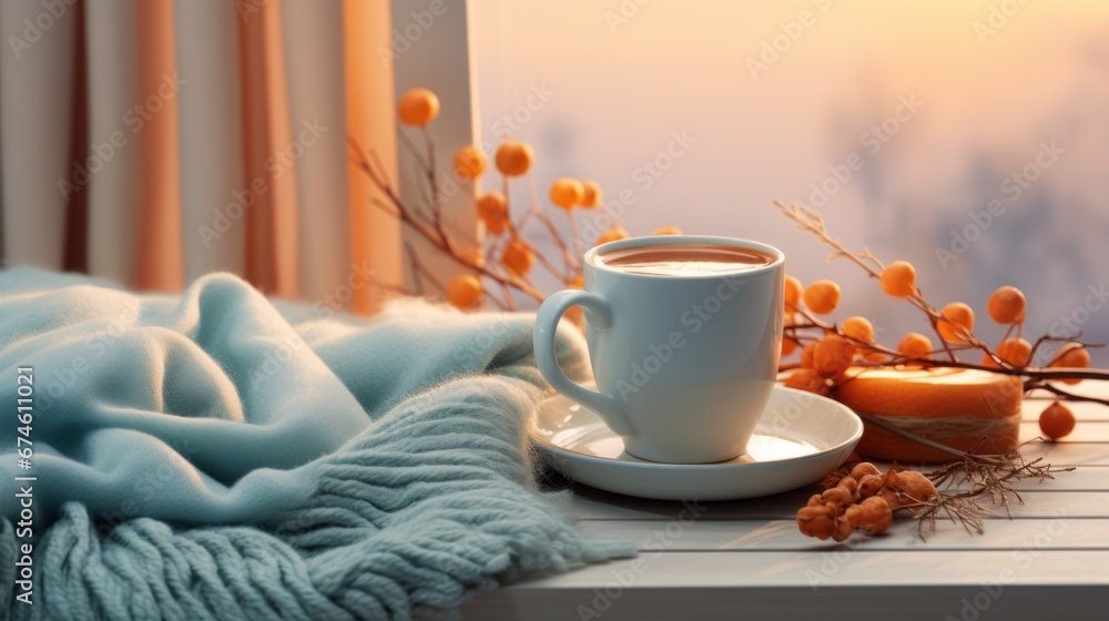 autumn and winter background, crate of a hot mug of coffee