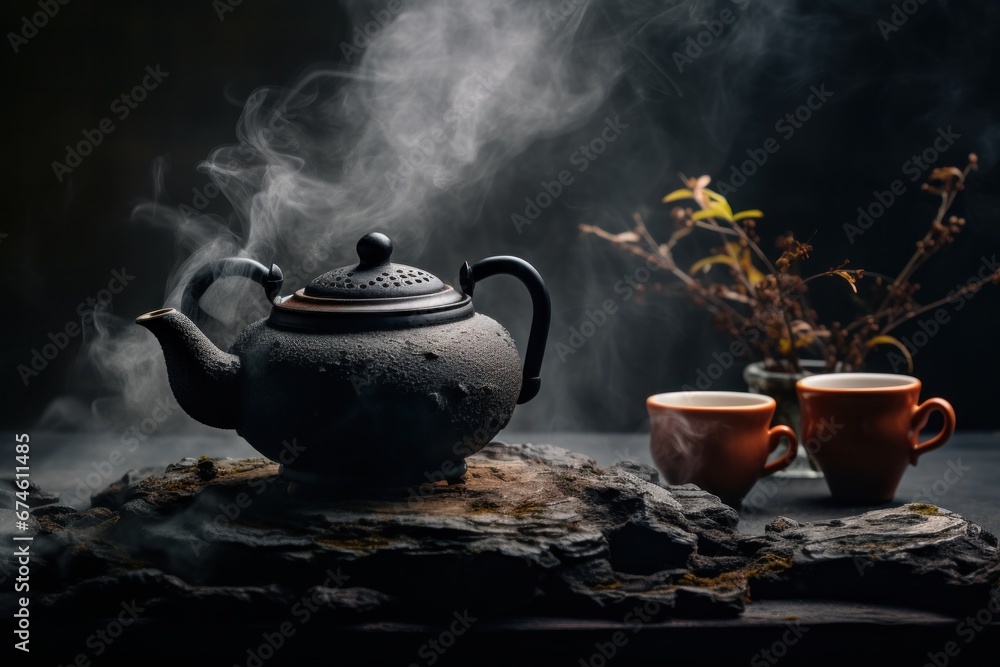 a black teapot sits on top of stones with smoke coming out of it