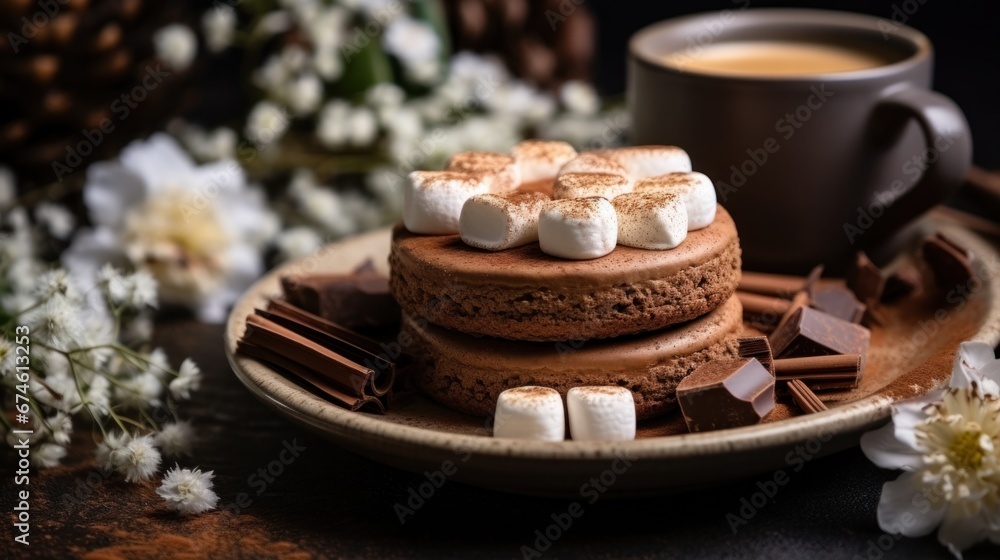 chocolate with marshmallow and cinnamon on table