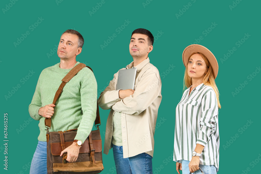 People waiting in line on green background