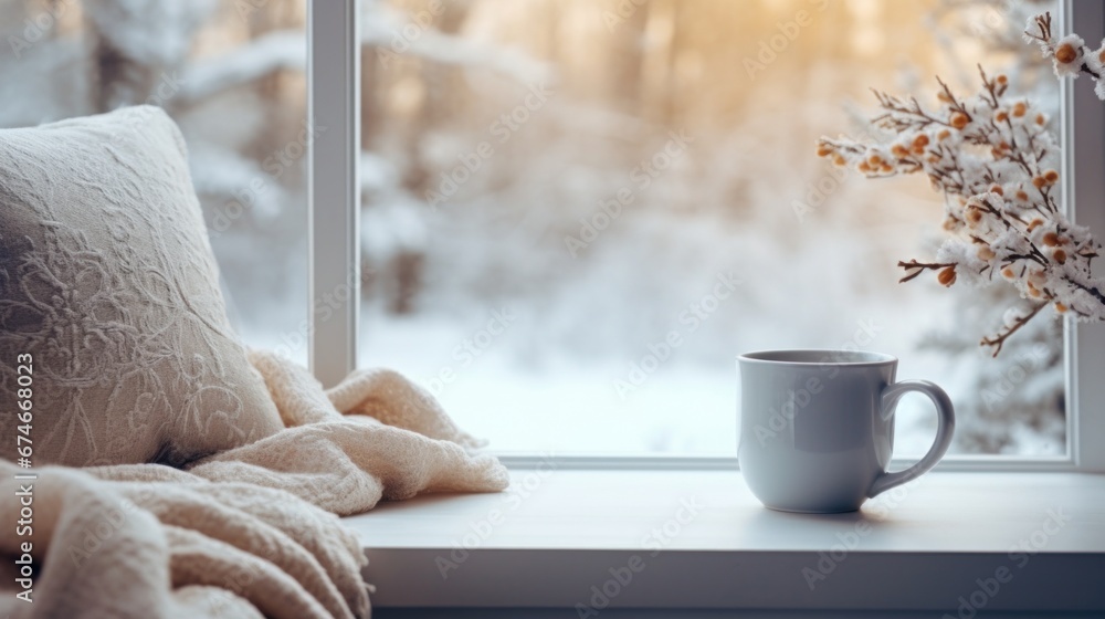 winter window wall background with cup of tea rsa stock images