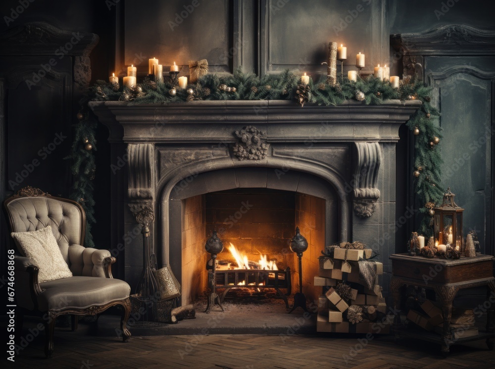 .a living room set with a fireplace and lots of candles.