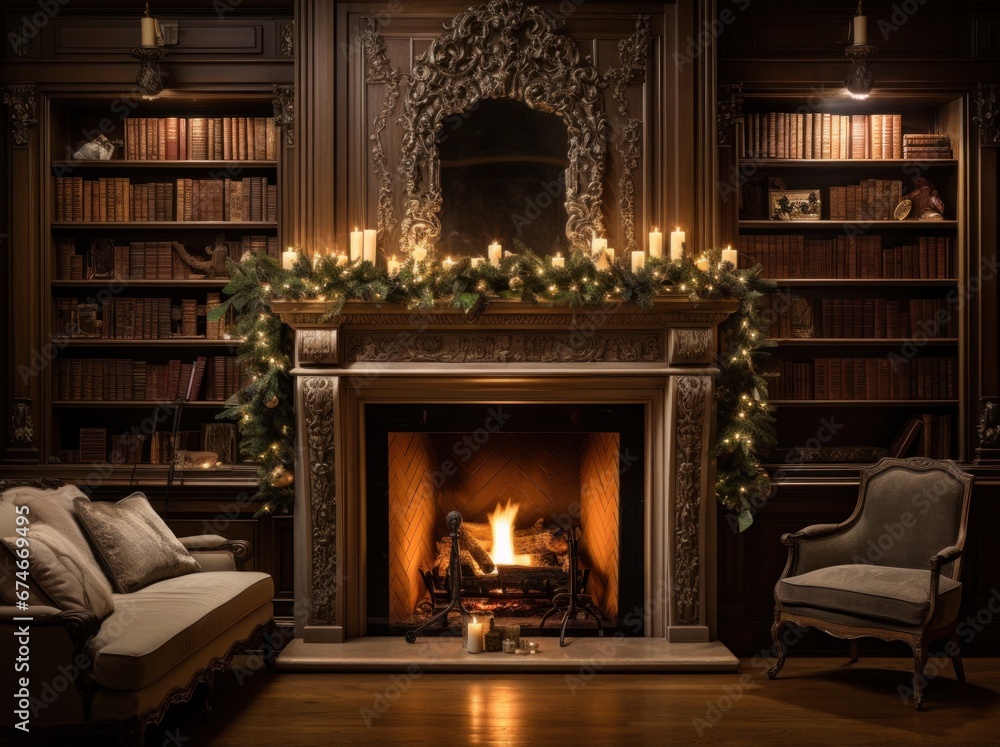 .a living room set with a fireplace and lots of candles.