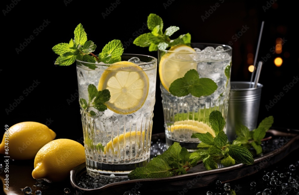 drinks with gin and tonic and lemon garnish