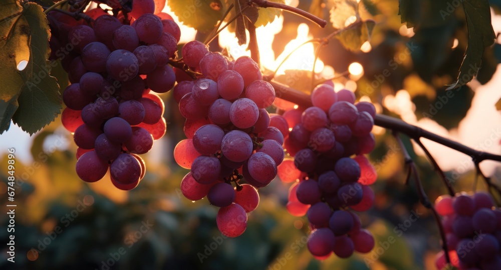 red grapes grow on vines at sunset