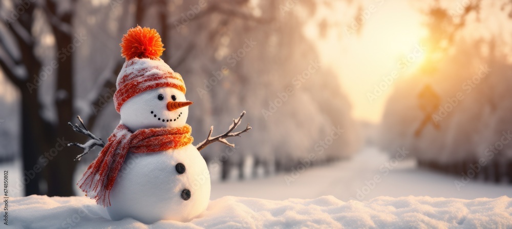 a snowman in winter with sunrise in sunshine.