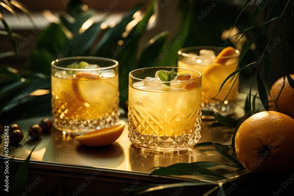 three orange colored cocktails layered on green leaves and oranges,