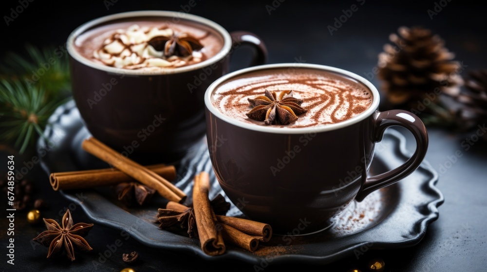 two cups with hot chocolate with cinnamon and cloves on it