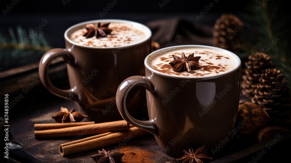 two cups with hot chocolate with cinnamon and cloves on it