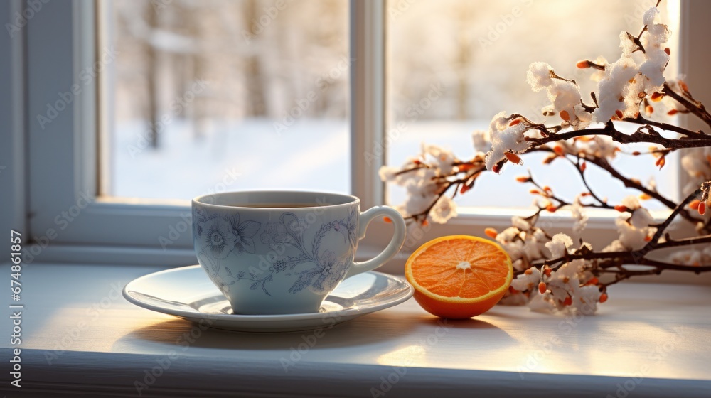 warm cup of coffee sitting on the window sill.