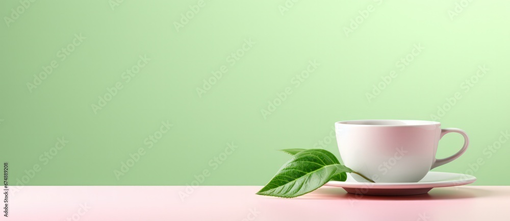 green tea cup with leaf on a green background