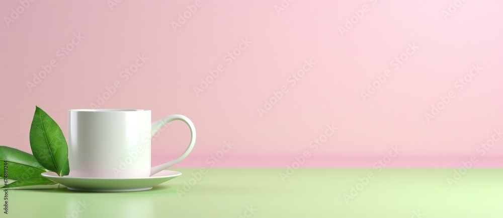 green tea cup with leaf on a green background