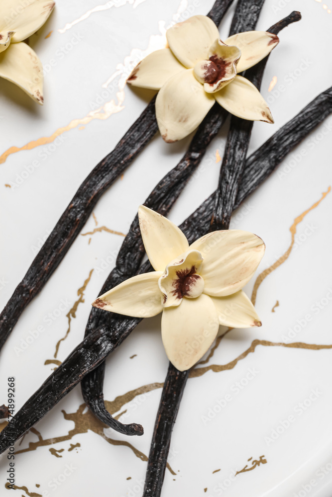 Aromatic vanilla sticks and flowers on white background