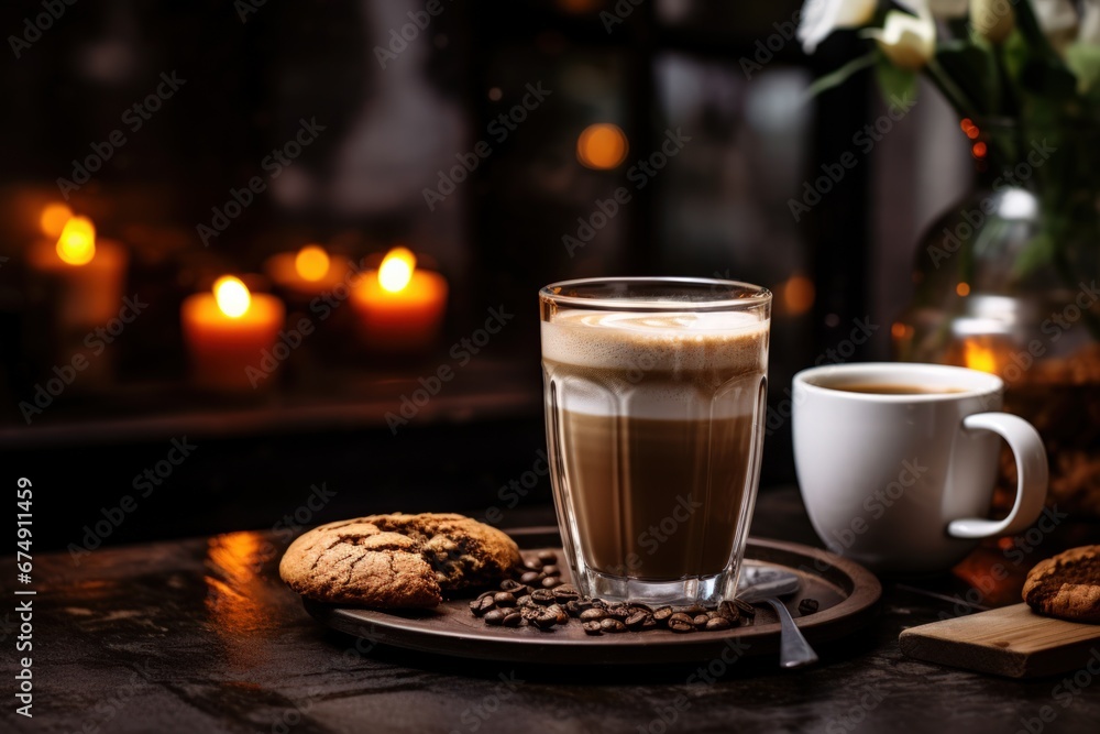 milk steam from espresso coffee mug with homemade cookies and almond,