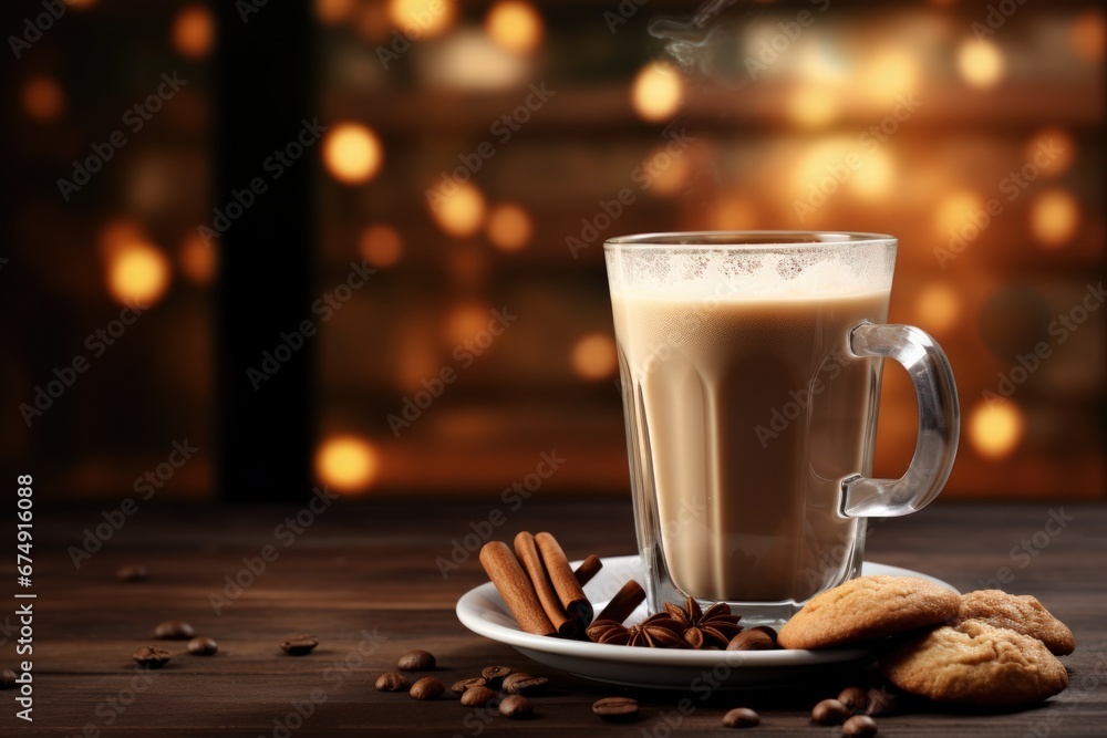 milk steam from espresso coffee mug with homemade cookies and almond,