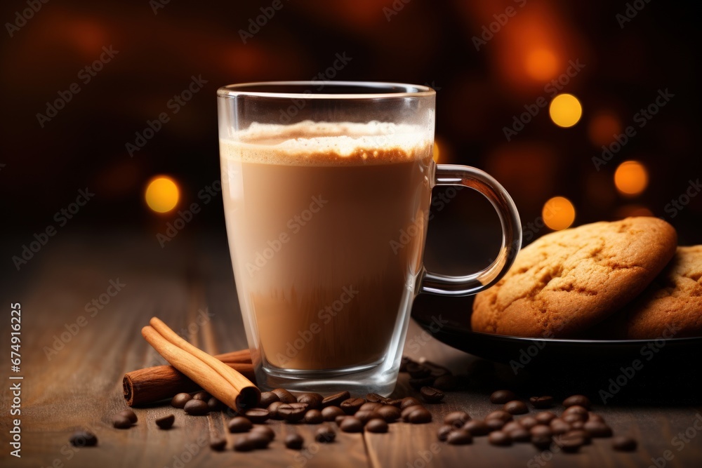 milk steam from espresso coffee mug with homemade cookies and almond,