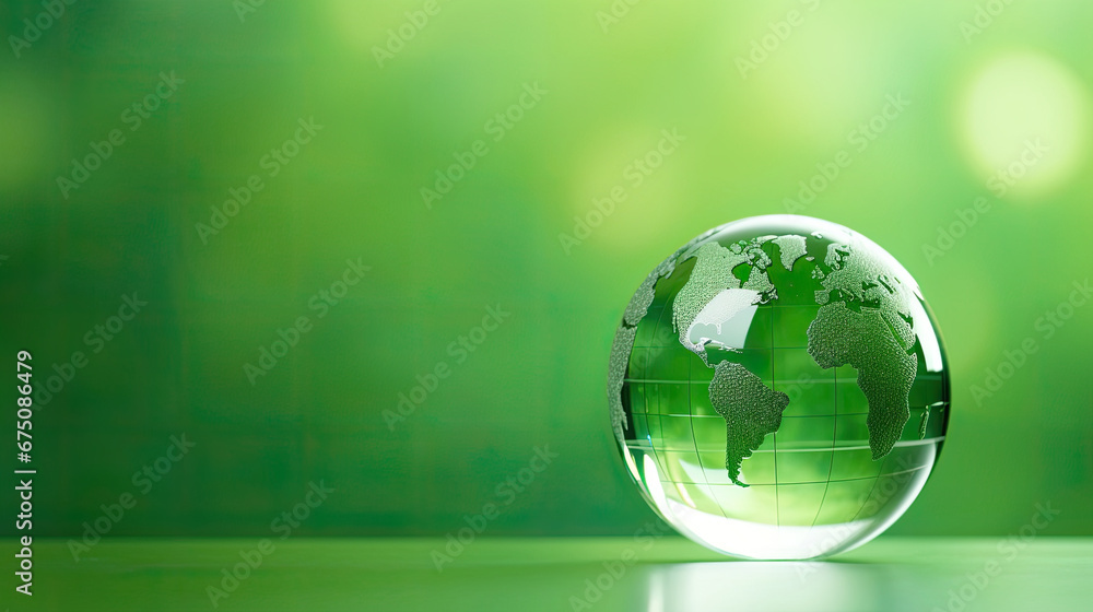 Glass globe earth on Green background with Copy space. Earth Day - Environment , Conservation Concept,save clean planet, ecology concept. Card for World Earth Day.