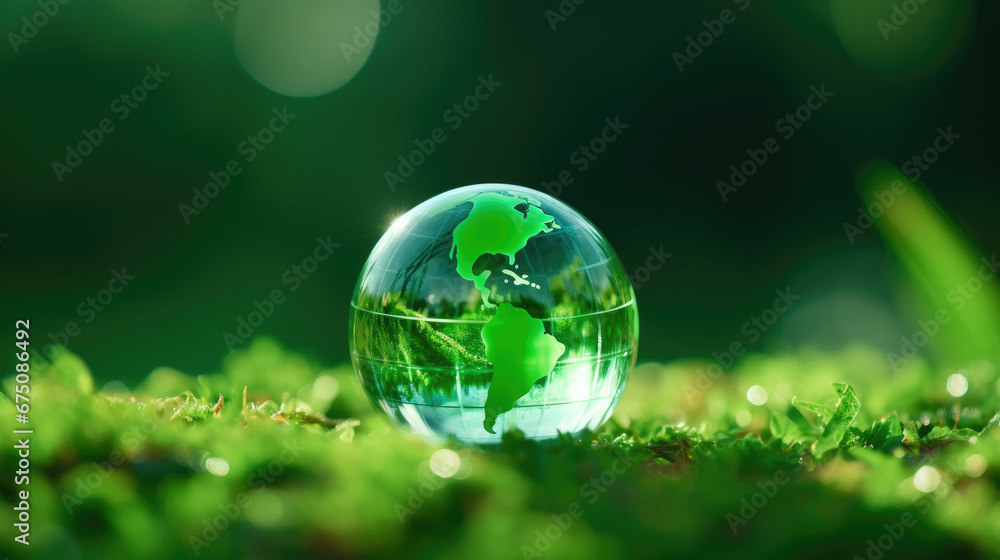 Glass globe earth on Green background with Copy space. Earth Day - Environment , Conservation Concept,save clean planet, ecology concept. Card for World Earth Day.