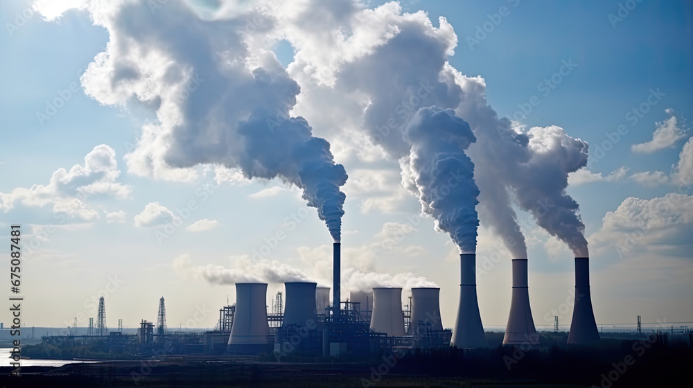 co2, Power plant with smoking chimneys on a background of blue sky.Factories release CO2 into the atmosphere.Concept of carbon trading market.Atmospheric pollution,air pollution concept