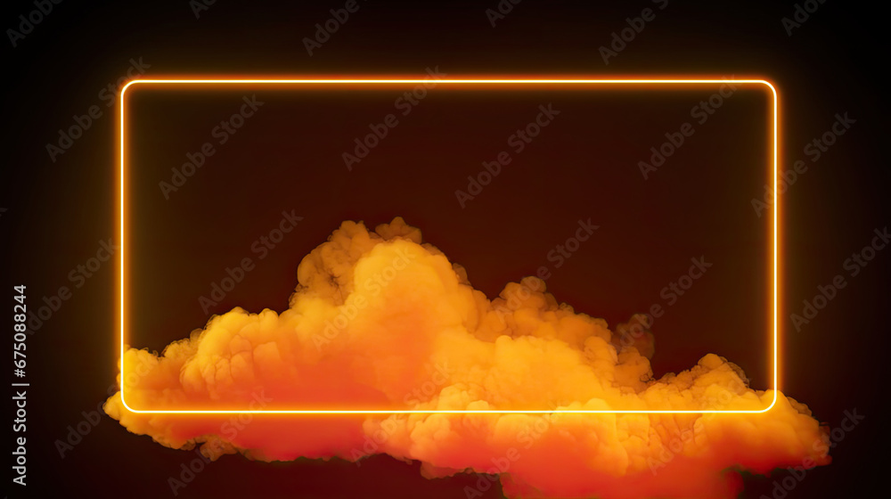 Futuristic Background Design. Cloud Formation with Orange and Yellow, Rectangle shaped Neon Frame. copy space for text