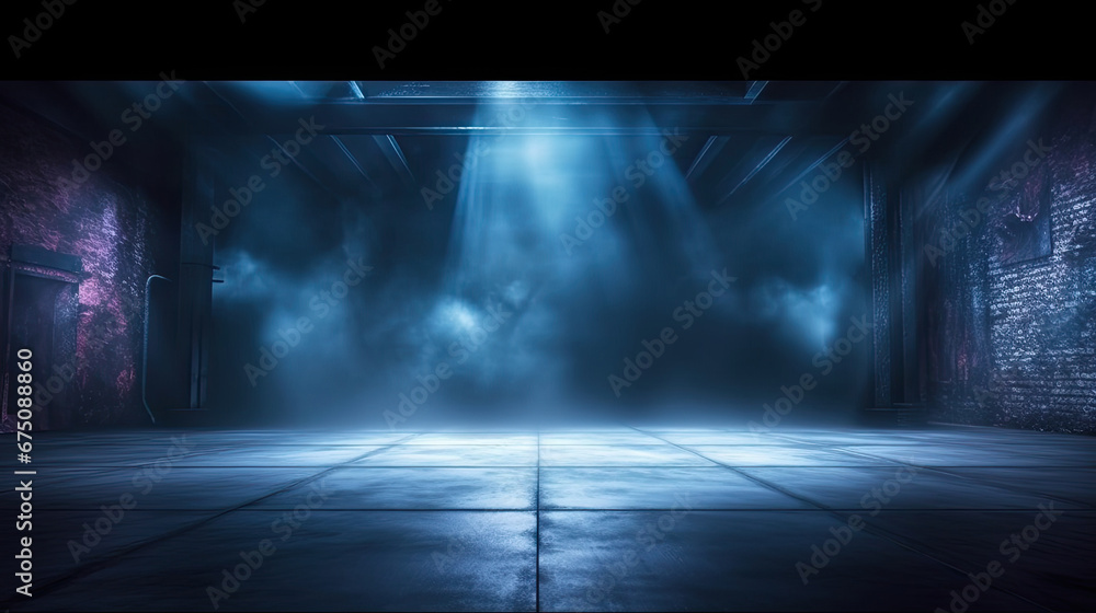 A dark empty street, dark blue background, an empty dark scene, neon light, spotlights The asphalt floor and studio room with smoke float up the interior texture. night view