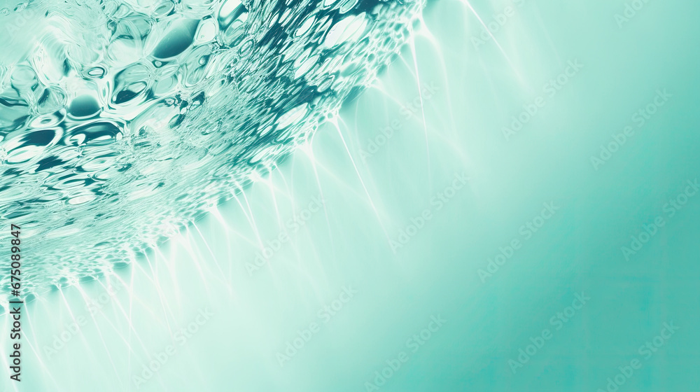 Transparent  aqua-mint liquid colored clear water surface texture with ripples, splashes and bubbles. Abstract nature background Water waves in sunlight with copy space , soft green water