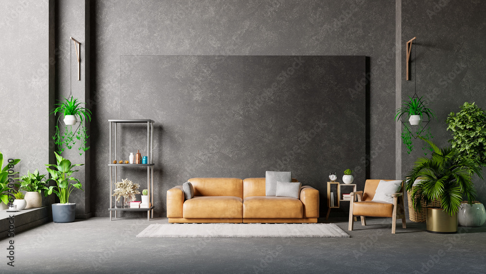 Living room loft style house with leather armchair and leather armchair on empty dark concrete wall