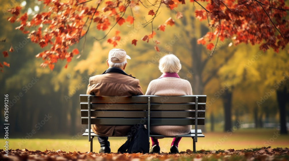 behind view  couple sitting in the park., family in autumn park