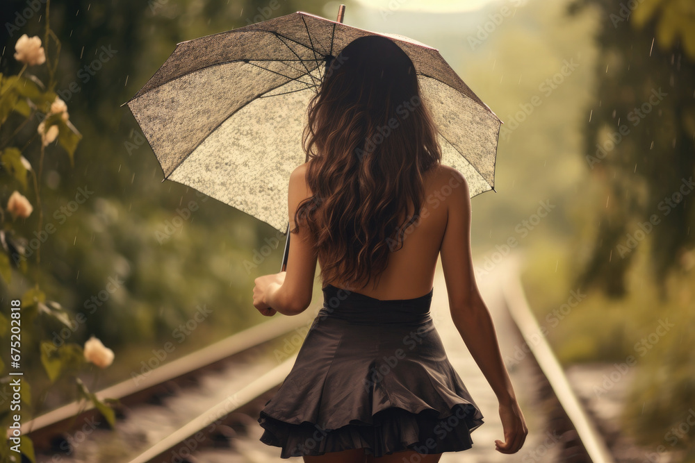 Back view of a woman with an umbrella on a blurred background.